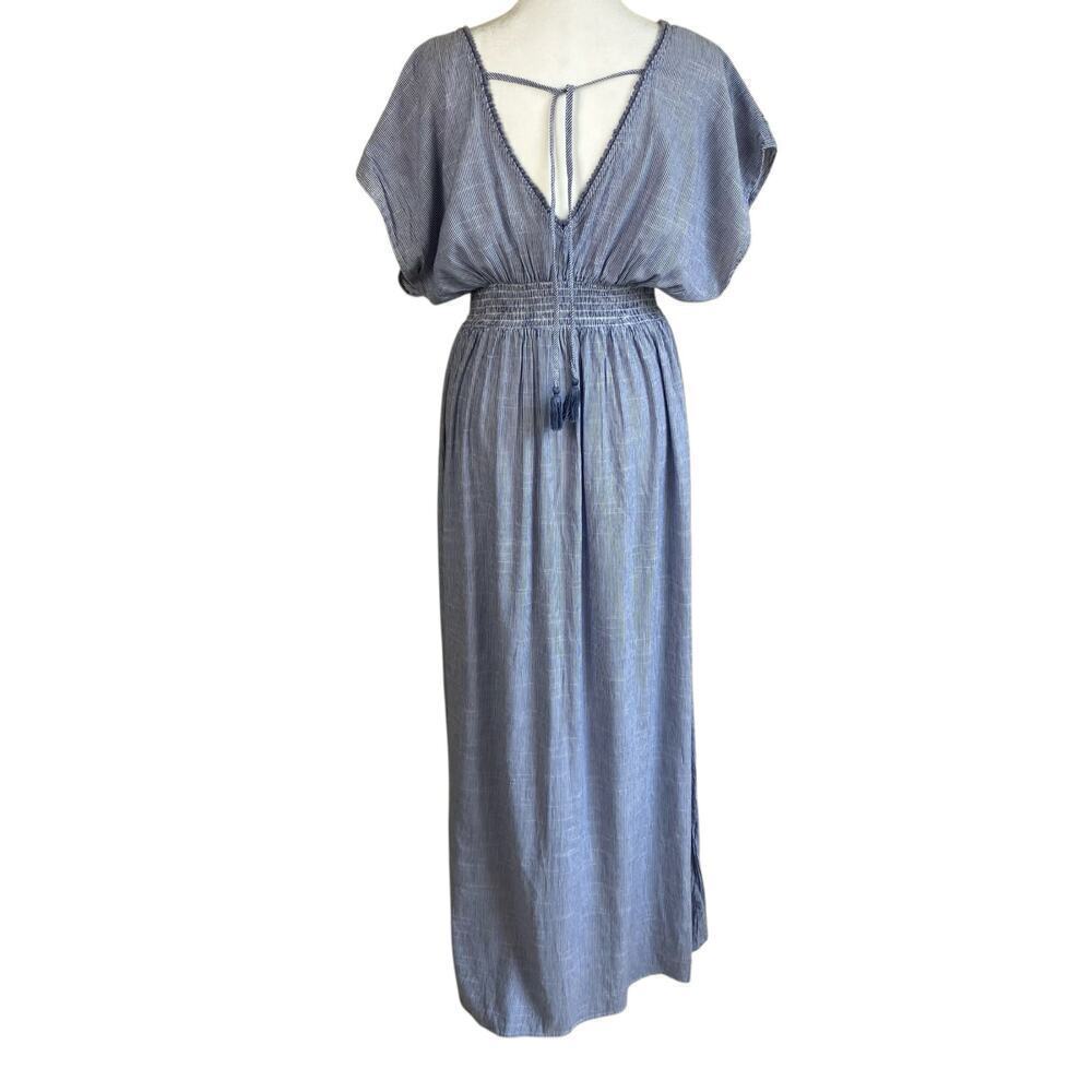 See And Be Seen Sz L Floral Embroidered Maxi Dress Striped Smocked Waist Beachy - Picture 8 of 16